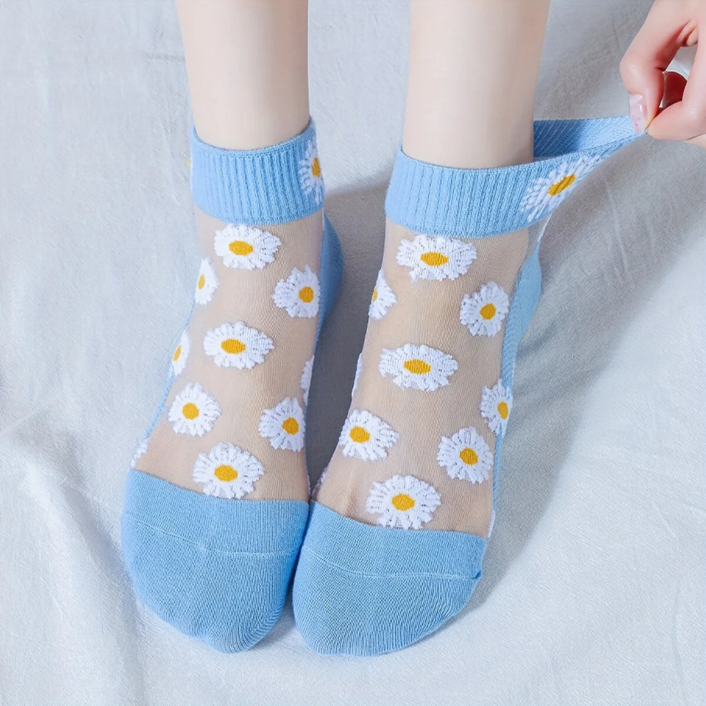 5-Pair Daisy & Smiley Short Socks Set - Sheer Comfort, Playful Design, Womens Casual Wear